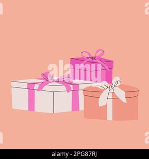 Zusammensetzung verschiedener Geschenkschachteln mit Schleifen. Isolierte Vektordarstellung für Konstruktion. Rosa, Beige und Weiß. Stock Vektor
