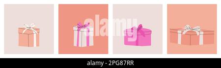 Set aus verschiedenen Geschenkboxen mit Schleifen. Isolierte Vektordarstellung für Konstruktion. Rosa, Beige und Weiß. Stock Vektor