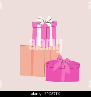 Zusammensetzung verschiedener Geschenkschachteln mit Schleifen. Isolierte Vektordarstellung für Konstruktion. Rosa, Beige und Weiß. Stock Vektor