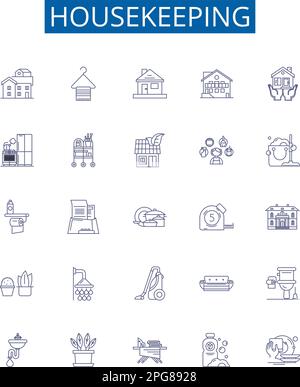 Symbole für Haushaltsführung Zeichen eingestellt. Design Sammlung von Reinigung, Wartung, Desinfektion, Staubwischen, Aufräumen, Staubsaugen, Wischen, Hygiene Stock Vektor