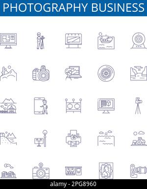 Symbole der Geschäftsbereiche Fotografie sind eingerichtet. Design-Sammlung von Fotografie, Business, Marketing, Aufnahme, Studio, Bearbeitung, Dienste, Bildkontur Stock Vektor