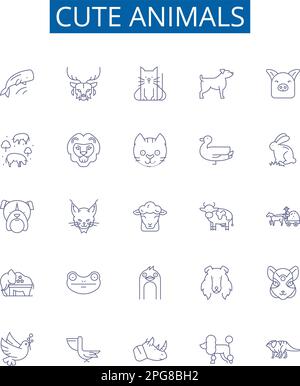 Niedliche Tierlinien Symbole Zeichen Set. Design-Kollektion aus Fell, Kätzchen, Welpen, Fluffy, Hündchen, Knuddle, Bär, Bunny Kontur Konzept-Vektordarstellungen Stock Vektor
