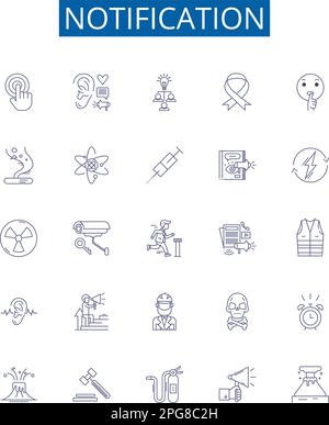 Symbole der Benachrichtigungszeile sind festgelegt. Design Collection von Alert, Reminder, Signal, Warning, Notice, Konzeptvektor „Broadcast“, „Promotion“, „Report Outline“ Stock Vektor