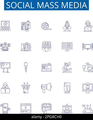 Symbole für Social-Mass-Media-Linien sind gesetzt. Design-Sammlung von Social, Media, Mass, Network, Platform, Leitlinienkonzept „Digital“, „Sharing“ und „Connecting“ Stock Vektor