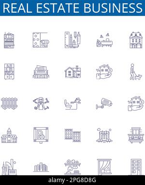 Symbole der Geschäftsbereiche Immobilien sind eingerichtet. Designsammlung von Eigentum, Investition, Maklerei, Leasing, Vermieter, Miete, Makler, Hypothekenübersicht Stock Vektor