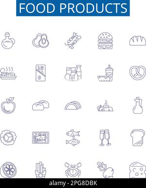 Symbole der Lebensmittellinie sind eingestellt. Design-Sammlung von Produkten, Fleisch, Milchprodukten, Lebensmitteln, Konserven, Gefrorene, gebackene, Süßwaren Konturkonzept-Vektor Stock Vektor