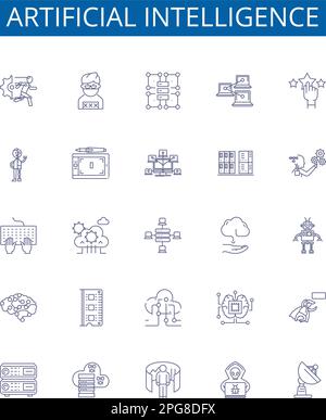 Linienzeichen für künstliche Intelligenz eingestellt. Designsammlung aus KI, Robotik, maschinellem Lernen, Automatisierung, Algorithmen, Berechnung, Natürlich Stock Vektor