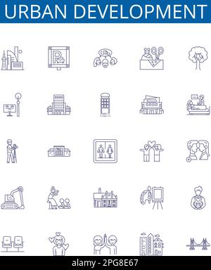 Symbole für Stadtentwicklungslinien sind gesetzt. Design Sammlung von , Urbanisierung, Planung, Infrastruktur, Transport, Nachbarschaften, Wachstum Stock Vektor