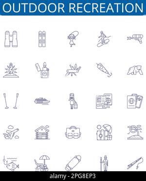 Symbole für Outdoor-Freizeitlinien sind eingerichtet. Design-Sammlung von Wandern, Camping, Angeln, Kajakfahren, Bootstouren, Modellkonzept für Radfahren, Klettern, Jagen Stock Vektor