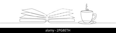 Buchen Sie mit einer Tasse Kaffee eine ununterbrochene Kunstzeichnung mit einer Striche. Vektordarstellung auf weiß isoliert. Stock Vektor