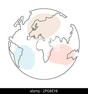 Erdkugel durchgehende einzeilige Kunst. Weltkarte Doodle lineares Zeichnen mit pastellfarbenen Formen. Vektordarstellung isoliert auf weißem Hintergrund. Stock Vektor