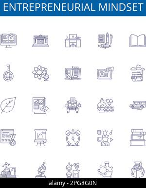 Symbolzeichen für unternehmerische Denkweise gesetzt. Design-Sammlung von Unternehmergeist, Denkweise, Vision, Risikobereitschaft, motiviert, Antrieb, Kreativität, Erfolg Stock Vektor