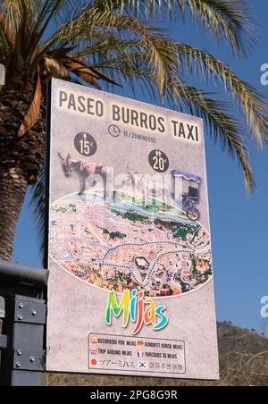 Donkey Taxi Schild Spanisch weißes Dorf Mijas Pueblo, Spanien Stockfoto