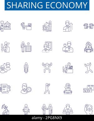 Symbole der Sparlinie für die gemeinsame Nutzung sind eingerichtet. Design-Sammlung von kollaborativen, Tauschgeschäften, Exchange, Plattformen, Netzwerken, Verbinden, Carsharing Stock Vektor