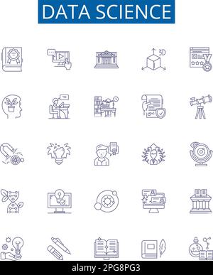 Symbole für Data Science-Linien sind gesetzt. Designsammlung von Daten, Wissenschaft, Analyse, Modellierung, Big, Maschine, Lernen, Algorithmen skizzieren den Konzeptvektor Stock Vektor