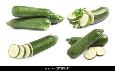 Set frischer reifer Zucchinis auf weißem Hintergrund Stockfoto