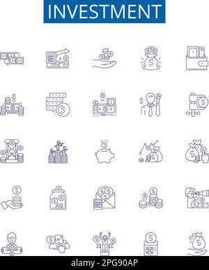 Symbole für Investitionslinien festgelegt. Designsammlung von Finanzierung, Sparen, Kapital, Einlagen, Aktien, Eigenkapital, Ressourcen, Anleihen bilden den Konzeptvektor Stock Vektor