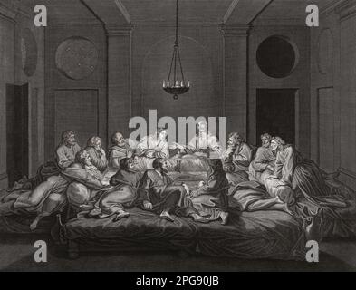 Jesus Christus und seine Apostel beim letzten Abendmahl. Aus einer Gravur von Abraham de Blois nach einem Werk von Bernard Picart. Stockfoto