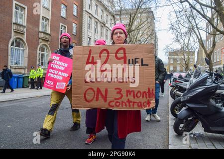 London, Großbritannien. 21. März 2023 Die Mitglieder der University and College Union (UCU) marschierten außerhalb der University of London, während die Universitätsmitarbeiter weiterhin Streiks um Gehälter und Arbeitsbedingungen führten. Kredit: Vuk Valcic/Alamy Live News Stockfoto