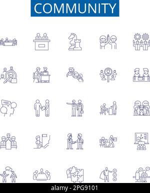 Symbole für die Community-Linie sind eingerichtet. Design-Sammlung von Gesellschaft, Gemeinschaft, Netzwerk, Clan, Gemeinde, Gruppe, Allianz, Stamm, Konturenkonzept-Vektor Stock Vektor