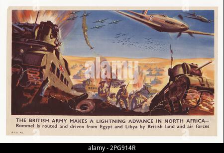Die britische Armee macht einen Blitzvorsprung in Nordafrika. 1942 - 1945. Büro für Notfallmanagement. Information des Kriegsamtes. Niederlassung Für Inlandsbetrieb. Büro für Sonderdienste. 3/9/1943-9/15/1945. Auslandsposter aus dem Zweiten Weltkrieg Stockfoto