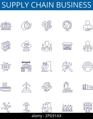 Symbole für den Geschäftsbereich der Supply Chain wurden eingerichtet. Entwurfssammlung von Distribution, Logistik, Beschaffung, Lager, Bestand, Fertigung Stock Vektor