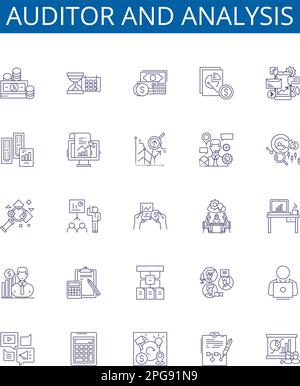 Symbole für Prüfer- und Analysezeilen sind gesetzt. Designsammlung von Auditor, Analyse, Auditing, Analysieren, Evaluieren, Überprüfung, Inspektion, Überprüfung Stock Vektor