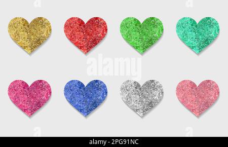 Dekorativer Glitzer glänzende Herzen Set. Rose, Gold, Pink, Gold, Blau, Silber, Rot, mintglänzend glitzernde Form. Vektordarstellung für Web, Banner Stock Vektor