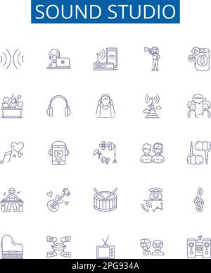 Symbole für Tonstudio-Linien eingestellt. Designkollektion aus Aufnahme, Mixen, Musik, SoundStage, Mikrofon, Entwurf für Producer, Audio, Rundfunk Stock Vektor