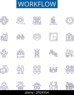 Symbole für Workflow-Zeilen sind festgelegt. Entwurfssammlung von Prozess, Automatisierung, Betrieb, Rationalisierung, Management, Organisieren, Aufgaben, Systemkonzept Stock Vektor