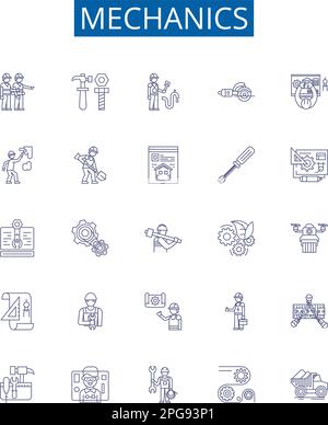 Symbole für die Mechanik-Linie Zeichen eingestellt. Design-Sammlung von Automobil, Physik, Technik, Reparatur, Techniker, Konturkonzept für Kraft, Reibung, Drehmoment Stock Vektor