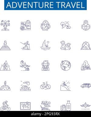 Symbole für Abenteuer-Reiselinie. Design-Sammlung von Wandern, Trekking, Kanufahren, Camping, Skifahren, Kajakfahren, Rafting, Klettern, Modellkonzept Stock Vektor