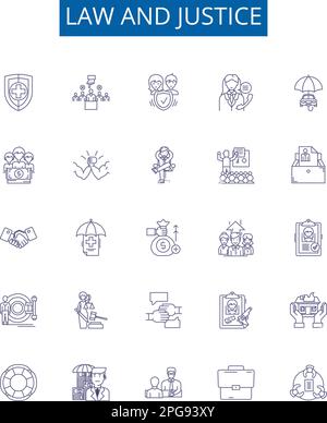 Symbole für Recht und Gerechtigkeit sind gesetzt. Design Sammlung von Recht, Justiz, Jurisprudenz, Gesetzgebung, Recht, Gesetzlich, Präzedenzfall, Rechtschaffenheit Stock Vektor