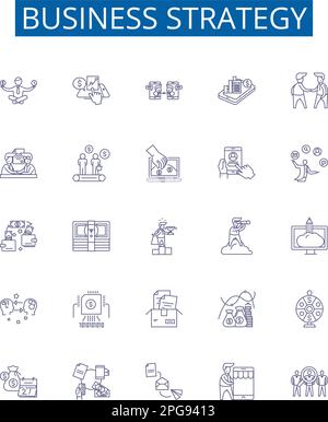 Symbole für die Geschäftsstrategie sind gesetzt. Entwurfssammlung aus Planung, Innovation, Betrieb, Ausführung, Planung, Markt, Kunde, Finanzen Stock Vektor