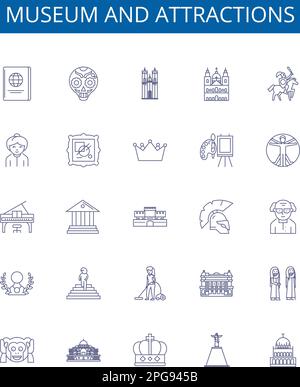 Museum und Sehenswürdigkeiten sind mit Symbolschildern versehen. Design-Sammlung von Museum, Attraktionen, Kulturerbe, Kunst, Kultur, Ausstellungen, Galerien, Architektur Stock Vektor