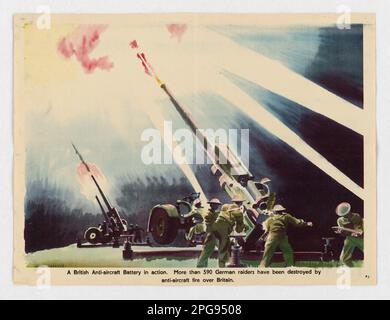 Eine britische Anti-Flugzeug-Batterie in Aktion. Land: UK Künstler: James Gardner. 1942 - 1945. Büro für Notfallmanagement. Information des Kriegsamtes. Niederlassung Für Inlandsbetrieb. Büro für Sonderdienste. 3/9/1943-9/15/1945. Auslandsposter aus dem Zweiten Weltkrieg Stockfoto