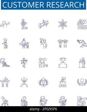 Symbole für Kundenrecherche sind gesetzt. Designsammlung von Kunden, Forschung, Umfrage, Einblicke, Feedback, Segmentierung, Analyse, Verhaltensstruktur Stock Vektor