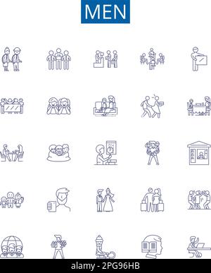 Männer Liniensymbole Zeichen gesetzt. Design-Sammlung von Männern, Geschlecht, Männlichkeit, Identität, Kultur, Gesellschaft, Geschichte, Stereotype, Konzipvektor Stock Vektor
