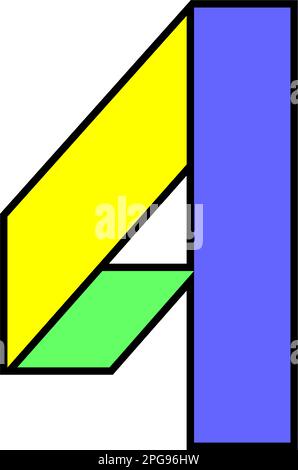 Schriftart Alphabet gefaltet aus farbigem Papier, arabisches Logo Nummer vier in mehrfarbigem Band, Vektordarstellung 10EPS Stock Vektor