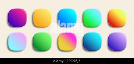 Superellipse Gloss App-Symbole Vektorhintergründe Kollektion. 3D winklige Knöpfe mit neonfarbenen holografischen Gradienten und realistischen, runden weichen Schatten Stock Vektor