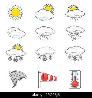 Wettersymbol-Set mit Umriss und flachem Design Stock Vektor
