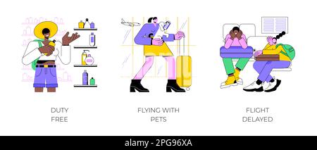 Flughafen-Routine isolierte Cartoon-Vektor-Illustrationen gesetzt. Parfüm kaufen in Duty-Free-Shop, Einzelhandel, mit Haustieren fliegen, Urlaub machen, Flug verspätet, Wir warten auf den Vektorfilm. Stock Vektor