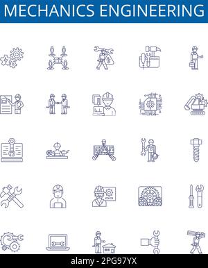 Symbole für die Maschinenbaulinie sind gesetzt. Konstruktionssammlung aus Mechanik, Technik, Kinematik, Dynamik, Vibrationen, Kraft, Drehmoment, Maschinen Stock Vektor