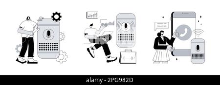 Voice Assistant abstraktes Konzept Vektor Illustration Set. Entwicklung von Apps für intelligente Lautsprecher, Bürosteuerung, Freisprechfunktion, Internet der Dinge, abstrakte Metapher für Sprachbefehlssoftware. Stock Vektor
