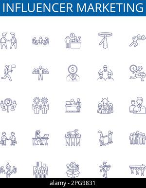 Symbole für Influencer-Marketinglinien sind gesetzt. Design-Sammlung von Influenencern, Marketing, Social, Medien, Inhalt, Plattformen, Interaktion, Strategie Stock Vektor