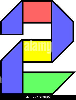 Schriftart Alphabet gefaltet aus farbigem Papier, arabisches Logo Nummer zwei in mehrfarbigem Band, Vektordarstellung 10EPS Stock Vektor