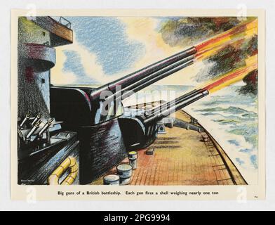 Die großen Waffen eines britischen Schlachtschiff. Künstler: Roland Davies. 1942 - 1945. Büro für Notfallmanagement. Information des Kriegsamtes. Niederlassung Für Inlandsbetrieb. Büro für Sonderdienste. 3/9/1943-9/15/1945. Auslandsposter aus dem Zweiten Weltkrieg Stockfoto