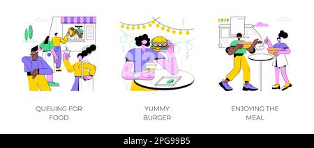 Food Festival, isolierte Cartoon-Vektorbilder. Vielfältige Leute, die sich in der Nähe eines Lastwagens anstellen, Fast Street Food, Mädchen, die leckere Burger essen, das Essen zusammen genießen, Vektor-Cartoon. Stock Vektor