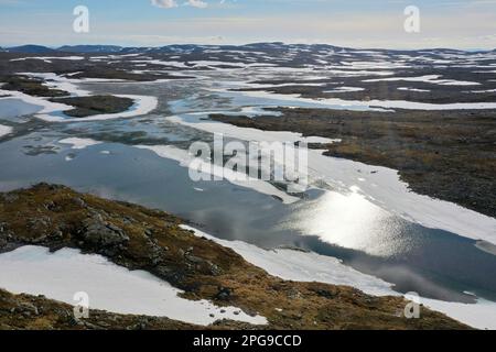 Tundra in Norwegen, mit Feuchtgebieten, Tümpeln, Schnee, Schneefeldern, Nordkinnhalbinsel, Nordkinn-Halbinsel, Nordkinn, Nordkyn, Finnmark, Nord-Nord Stockfoto