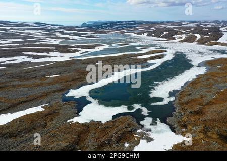 Tundra in Norwegen, mit Feuchtgebieten, Tümpeln, Schnee, Schneefeldern, Nordkinnhalbinsel, Nordkinn-Halbinsel, Nordkinn, Nordkyn, Finnmark, Nord-Nord Stockfoto